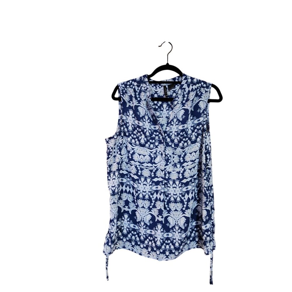 New Directions Womens Sleeveless Navy & White Floral Print Top L 100% Polyester